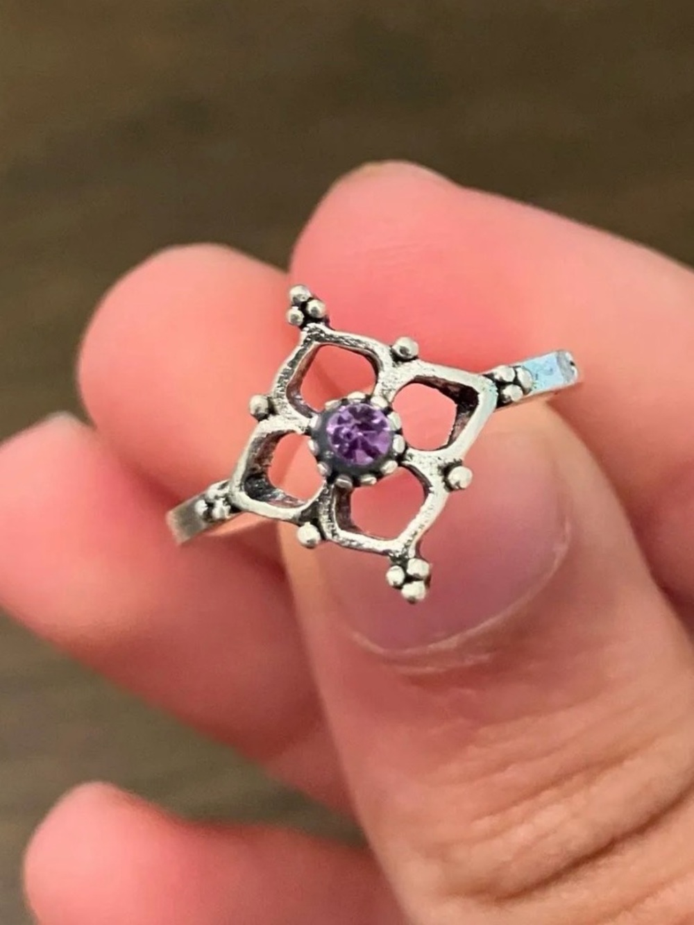 Antique Vintage Silver Floral Ring with Purple Stone